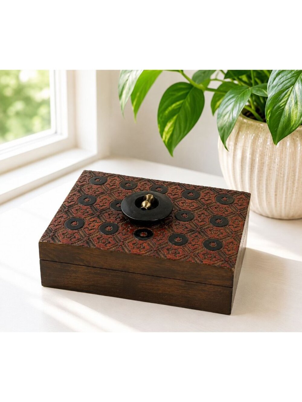 Handcrafted Wooden Trinket Box With Carved Geometric Design & Metal Accent - Vin